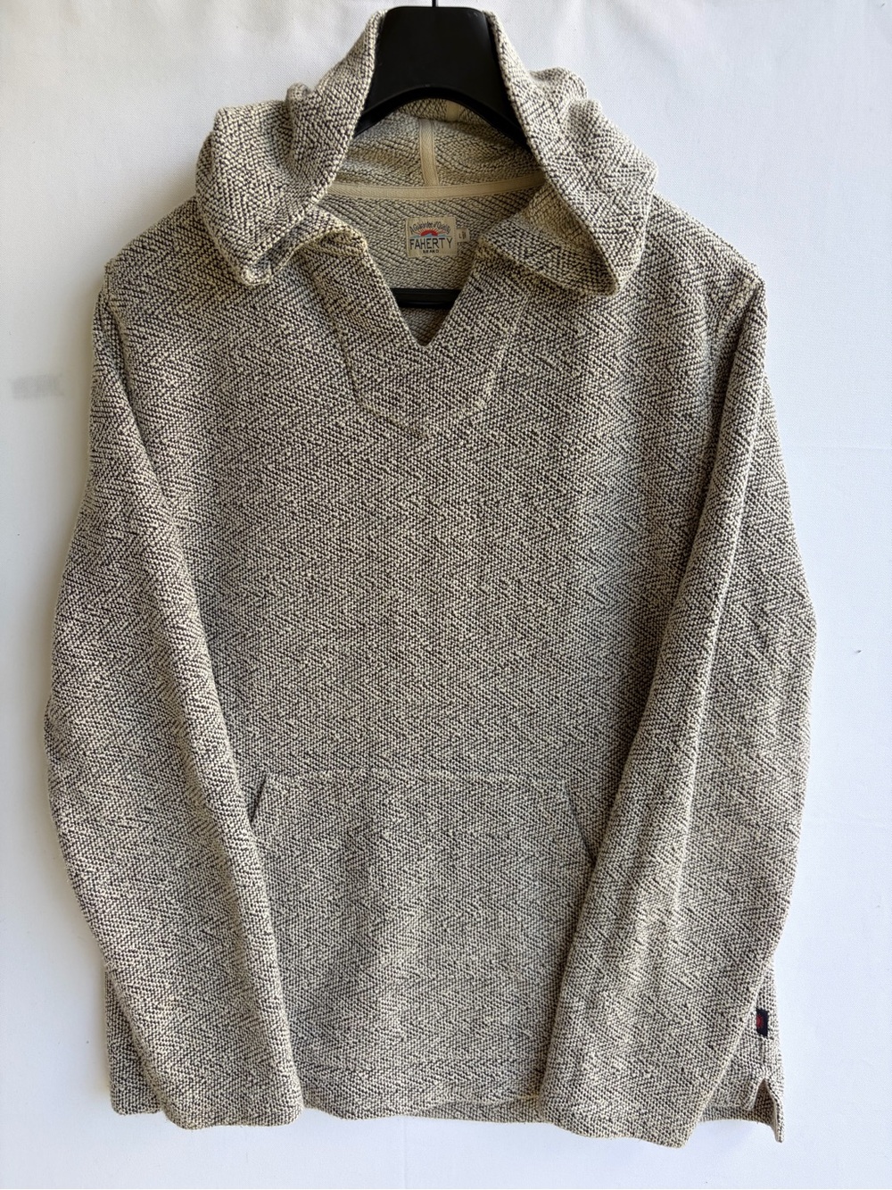 Faherty Men's Cream Herringbone Hooded Sweater